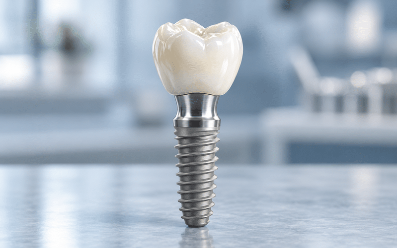 Dental implant with titanium post and natural-looking crown